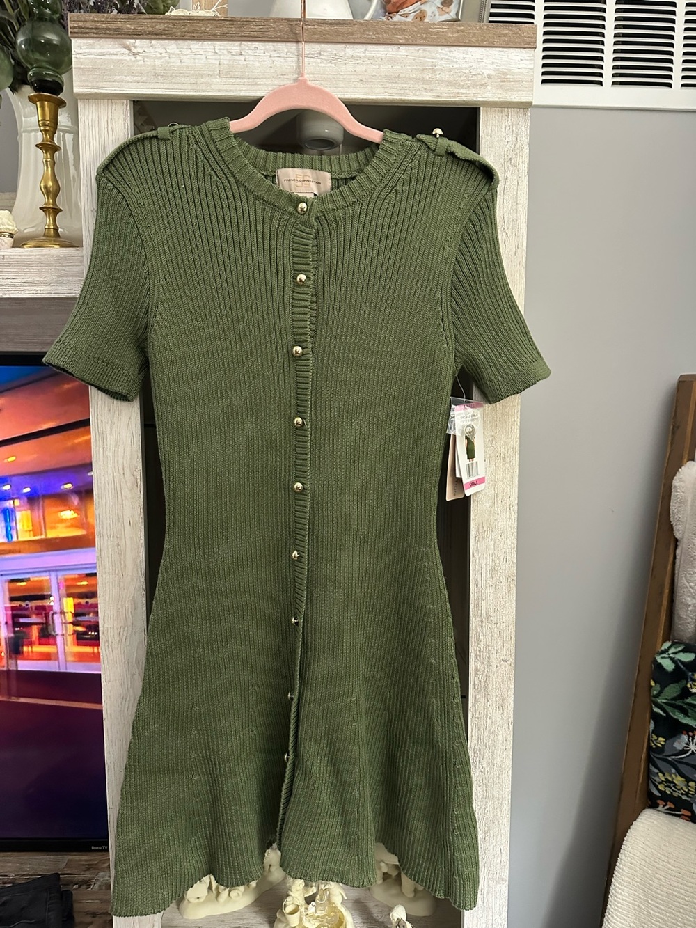 French Connection Olive Ribbed Button-Front Midi Dress